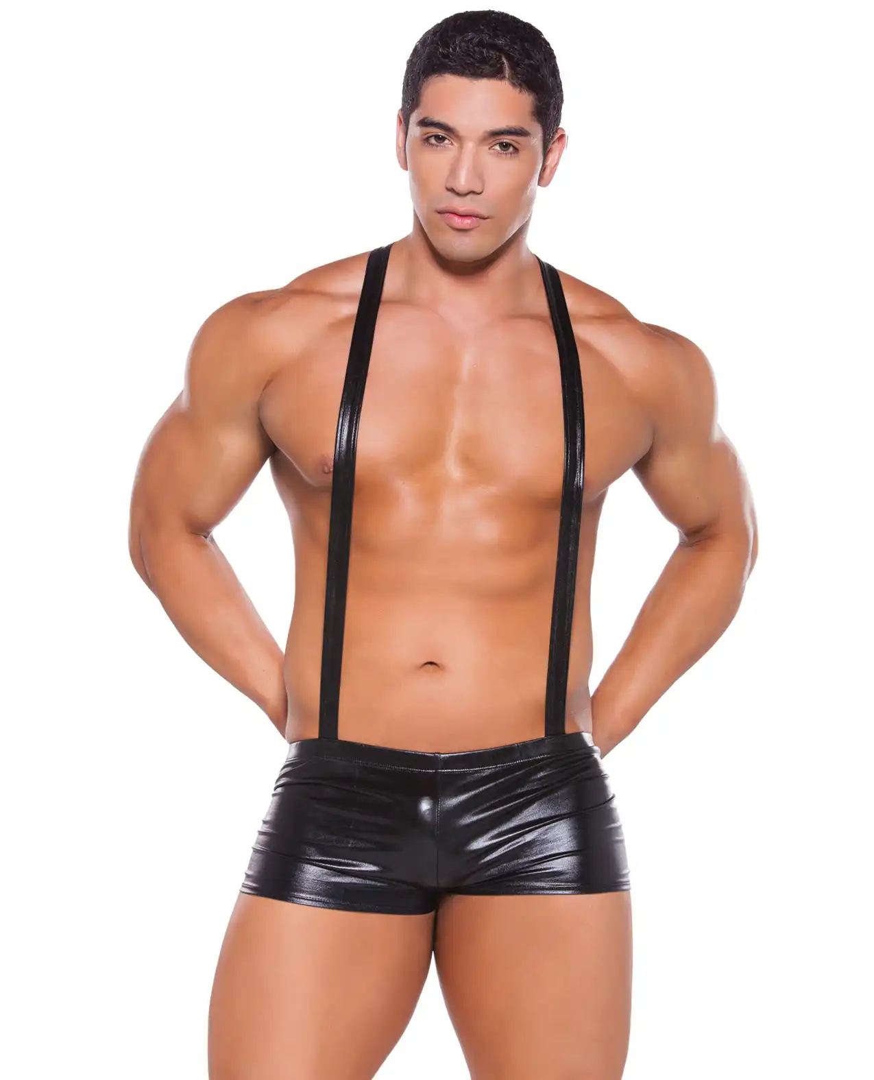 Zeus Wet Look Suspender Shorts Black 