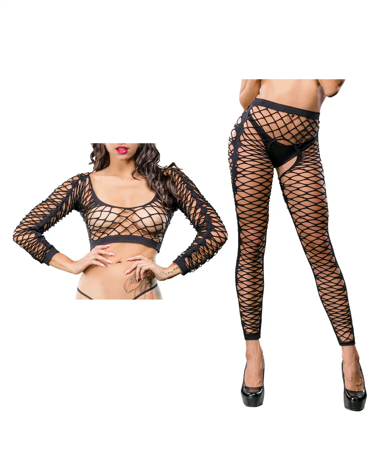 Beverly Hills Naughty Girl Crotchless Front Mesh & Side Design Leggings Black 