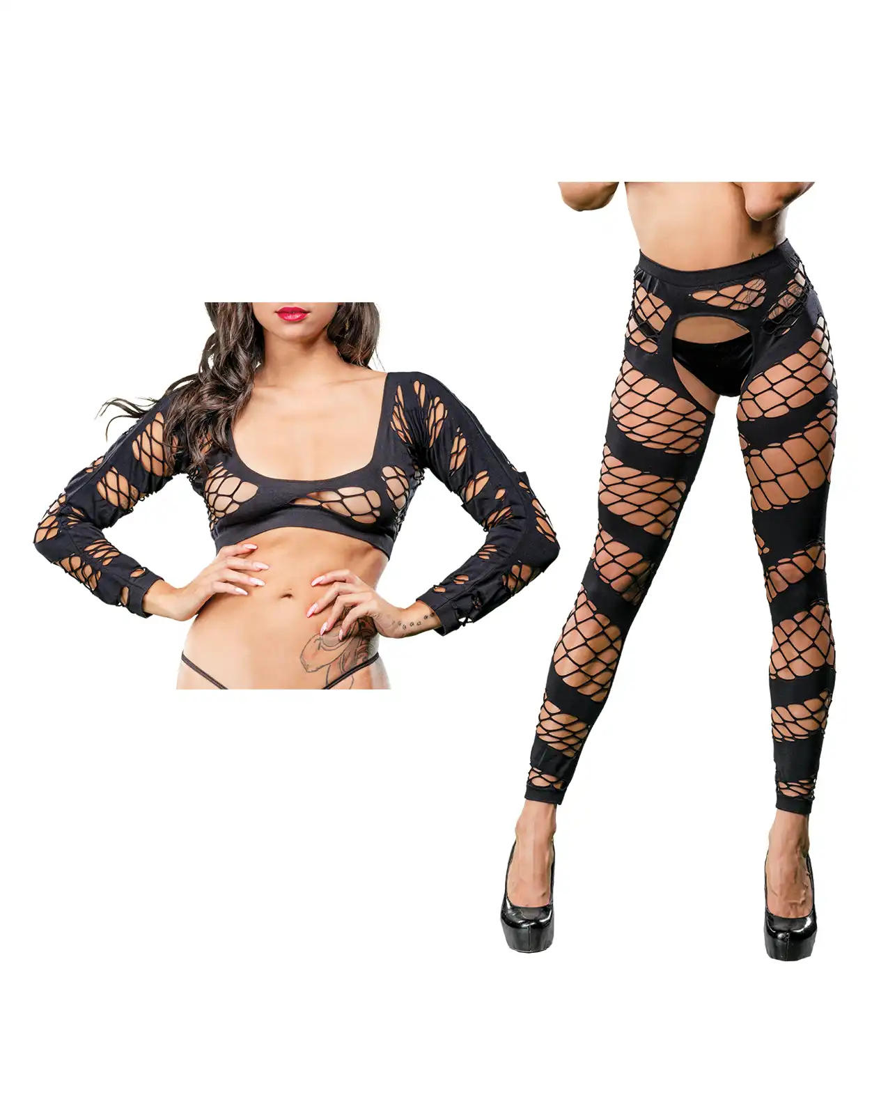 Beverly Hills Naughty Girl Crotchless Mesh & Fishnet Leggings Black 