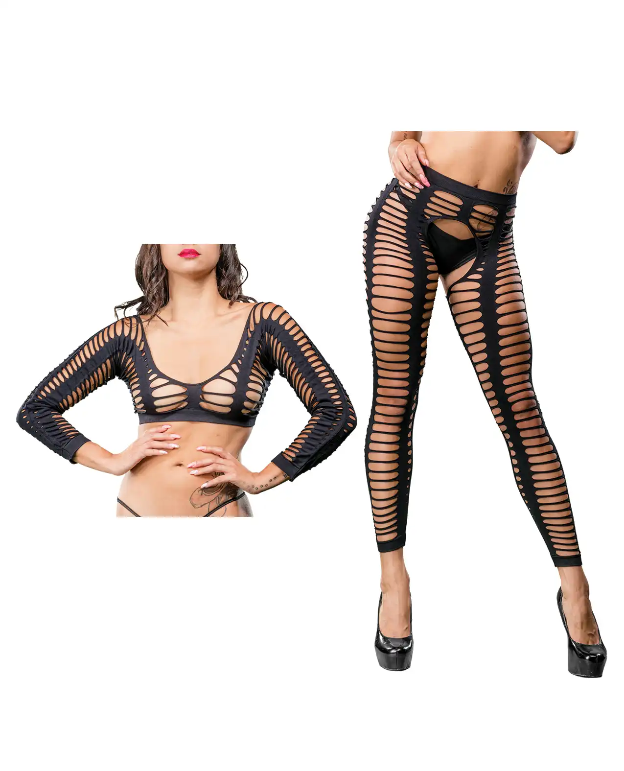 Beverly Hills Naughty Girl Crotchless All Over Straps Mesh Leggings Black 