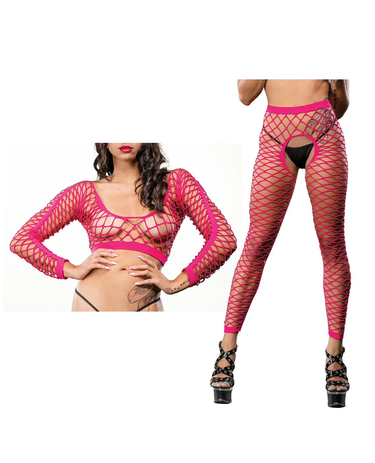 Beverly Hills Naughty Girl Crotchless All Over Mesh Leggings Pink 