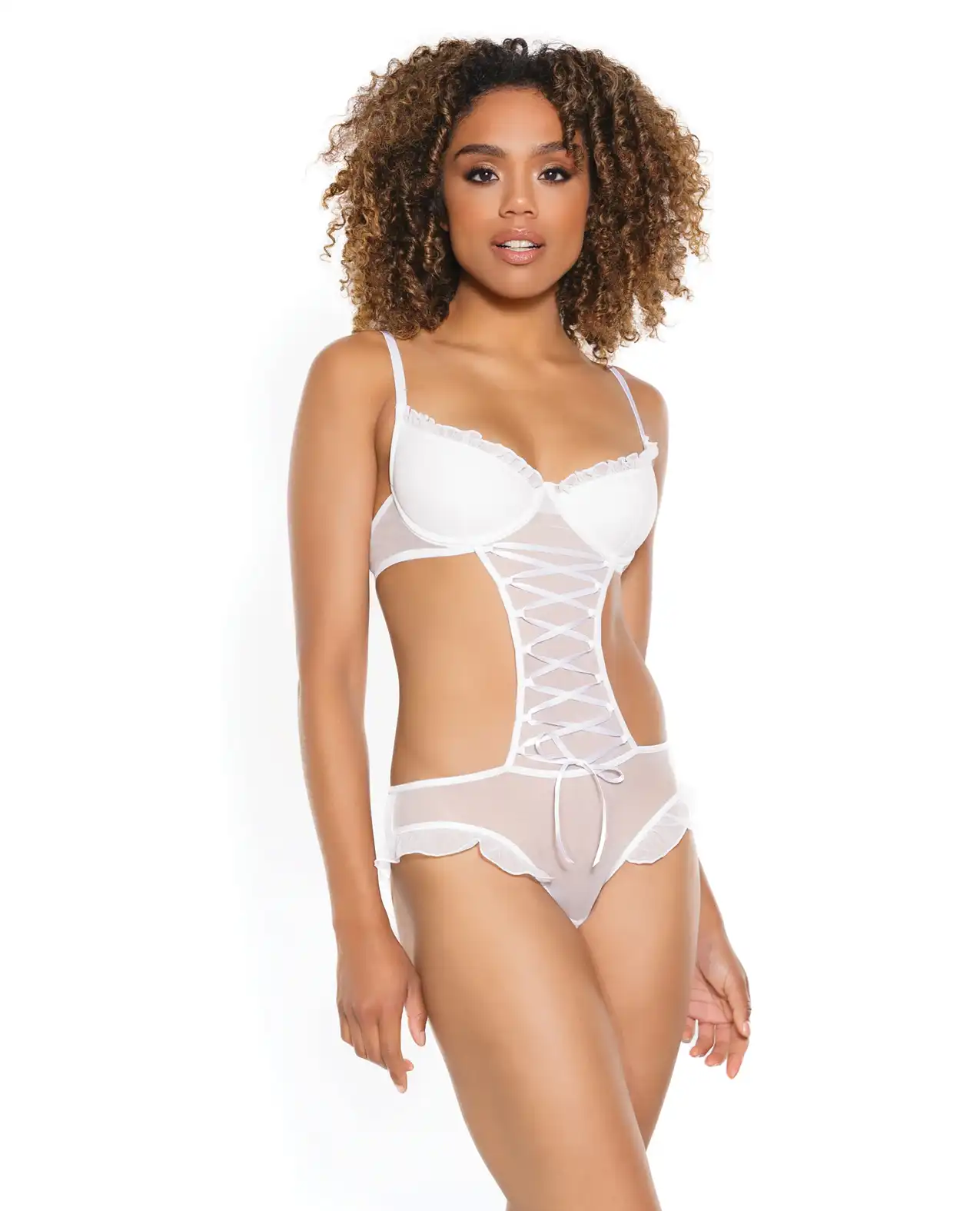 Stretch Mesh Ruffled Crotchless Teddy White 