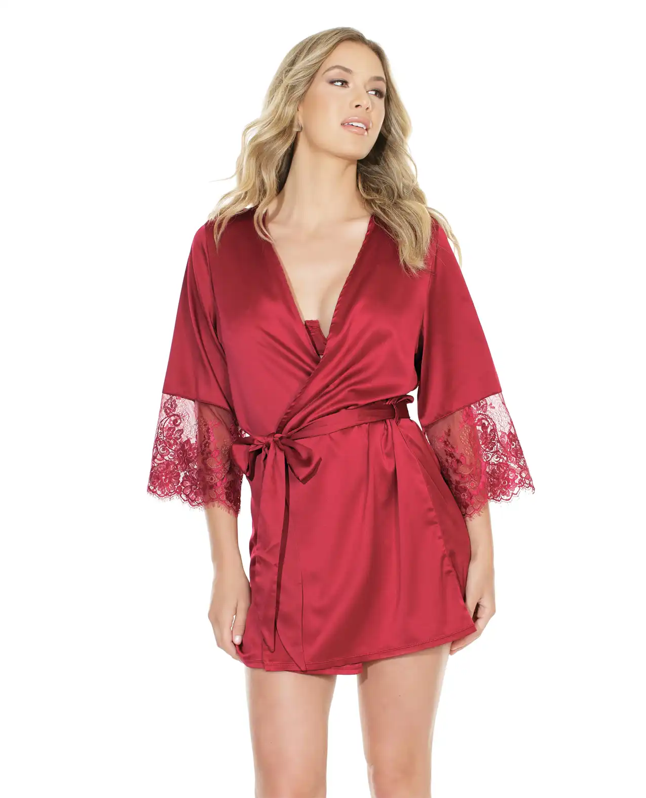 Stretch Satin Robe w/Eyelash Lace Sleeve Merlot 