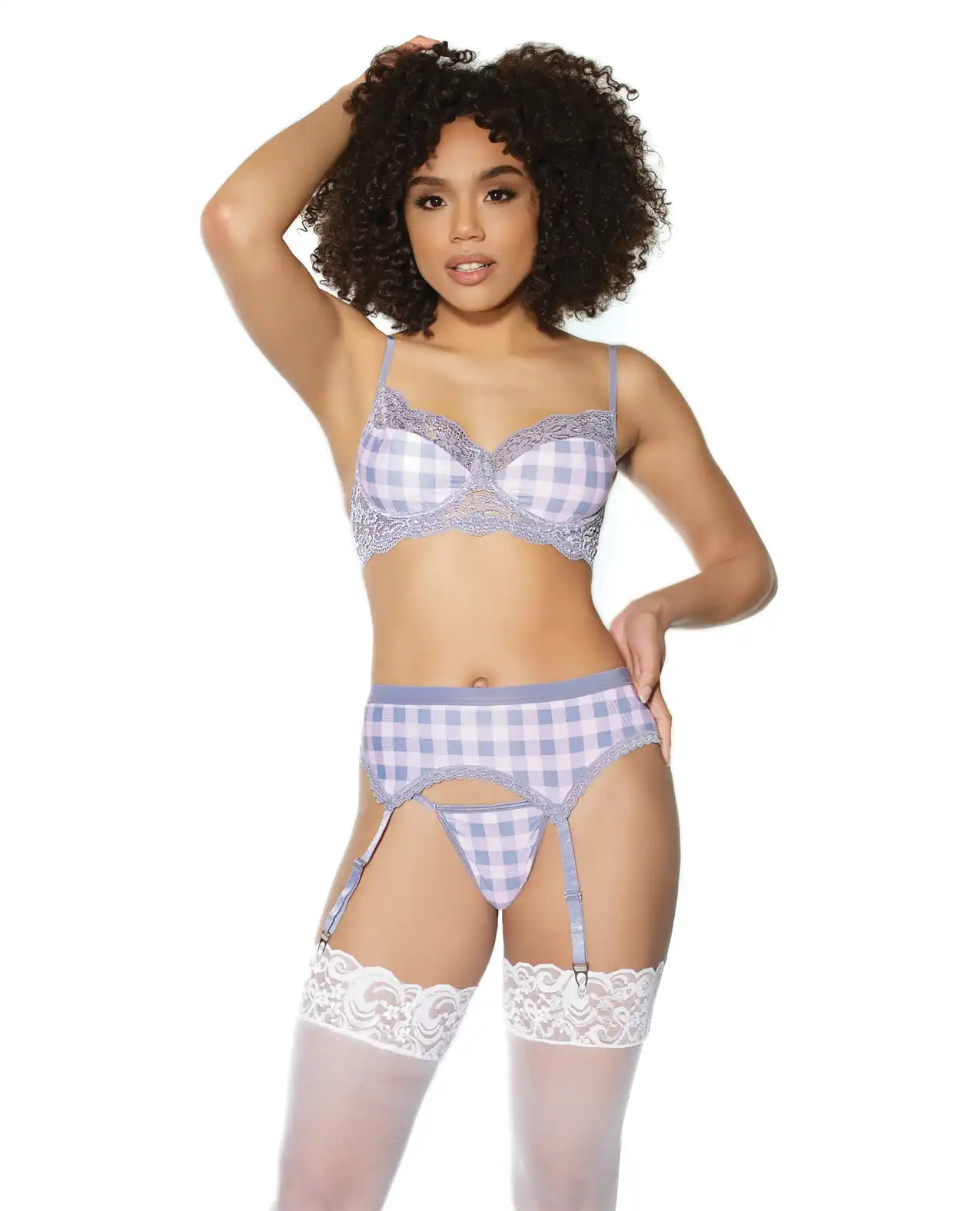 Crystal Pink Buffalo Check Print, Bra, Garter Belt & String Grey/Pink 