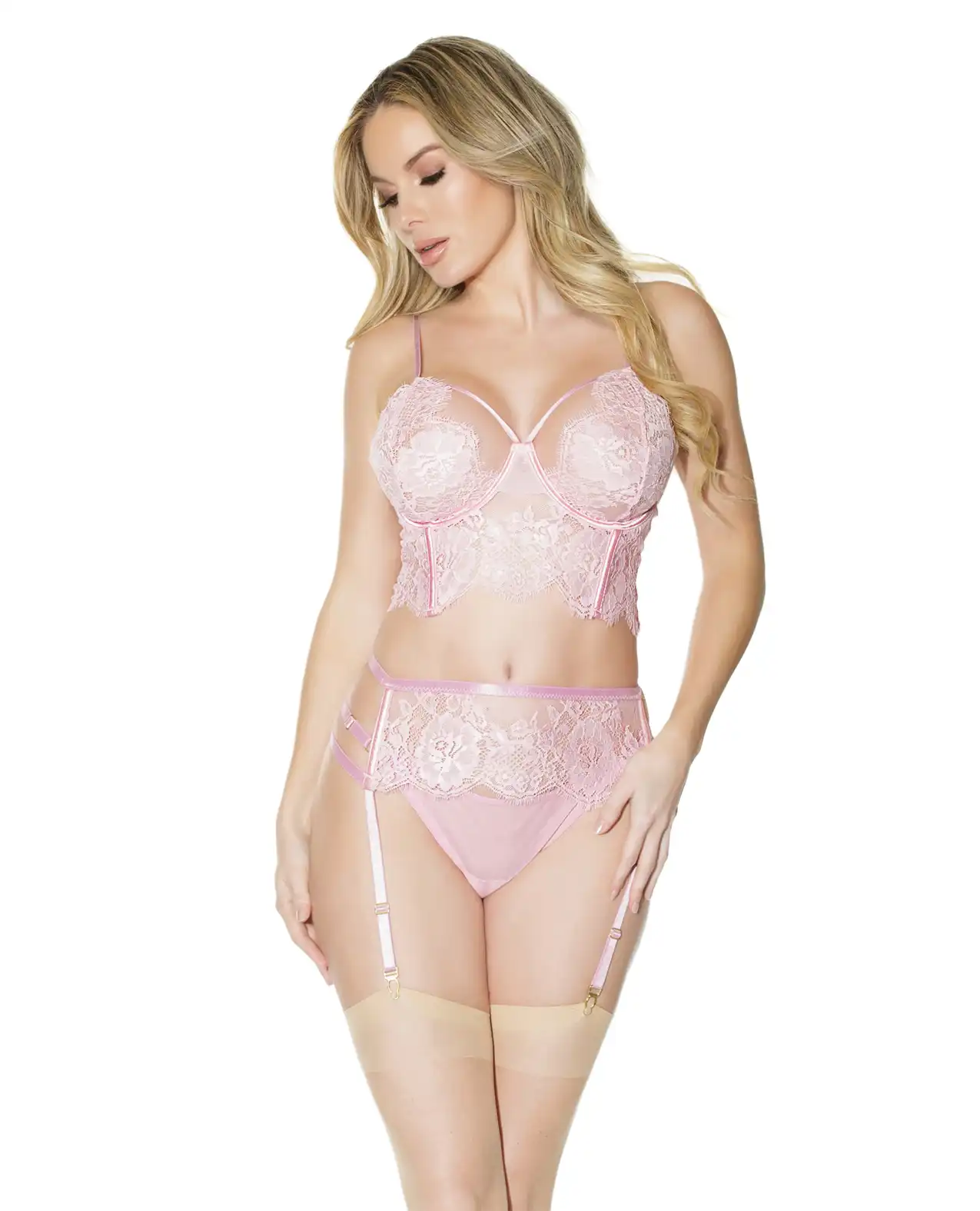 Crystal Pink Longline Bra, Garter Belt & Panty Pink 