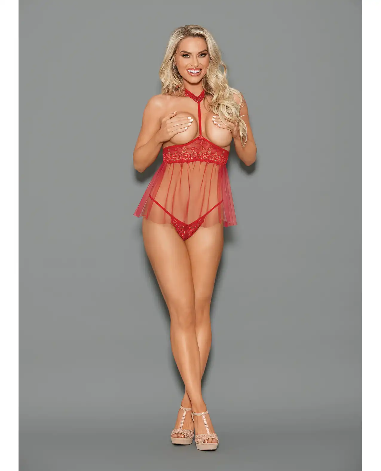 Euphoria Open Top Choker Attached Babydoll w/Open Crotch Panty Red 