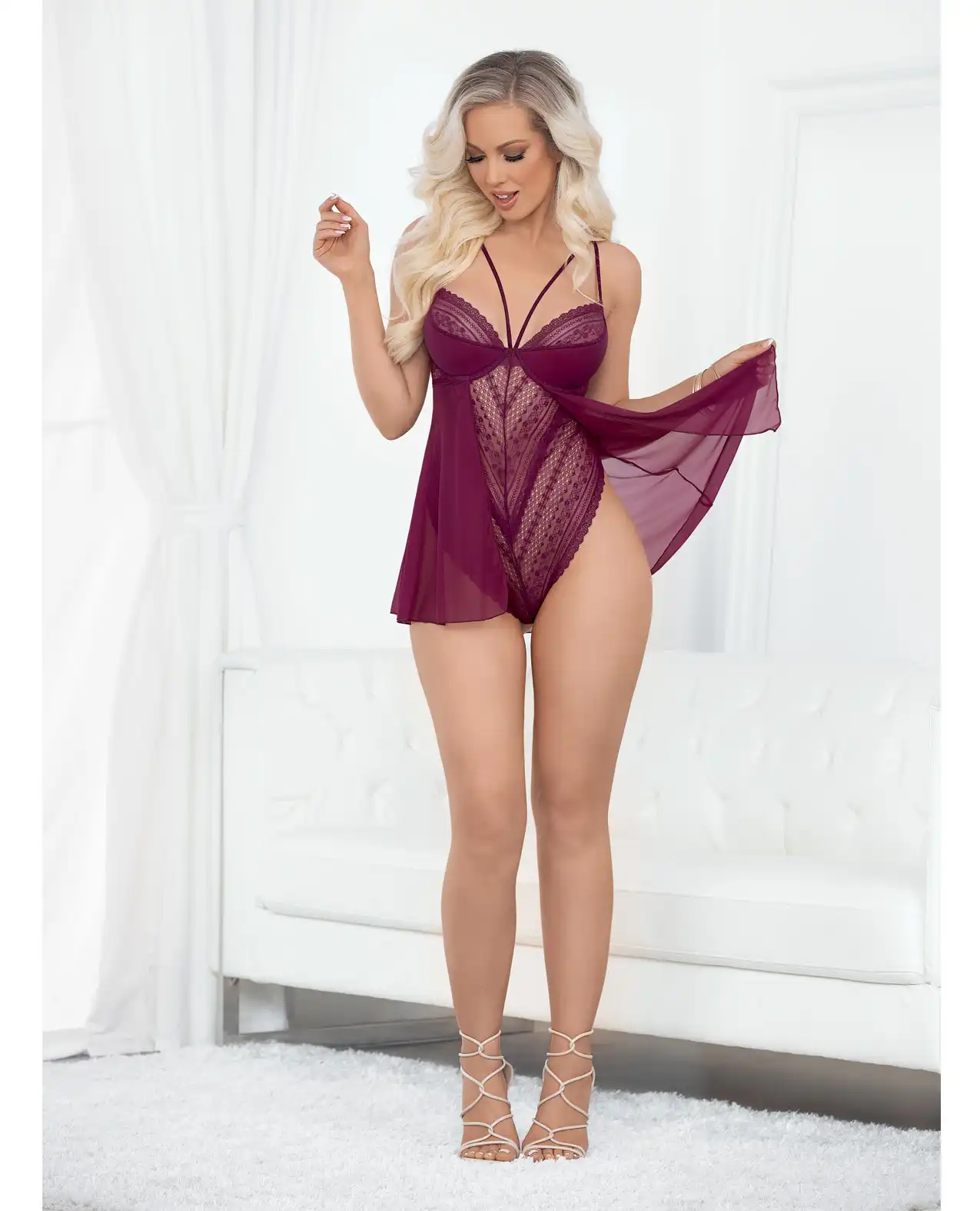 European Lace Teddy Babydoll Wine 