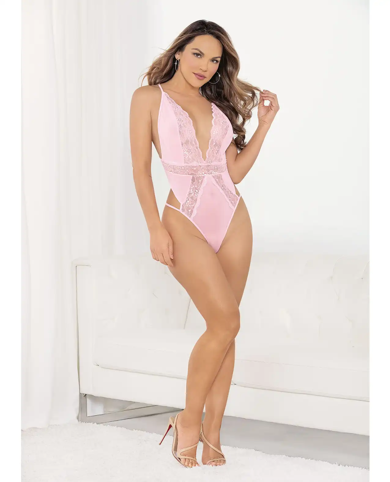 Sexy Lace Deep V Teddy w/Bow Pink 