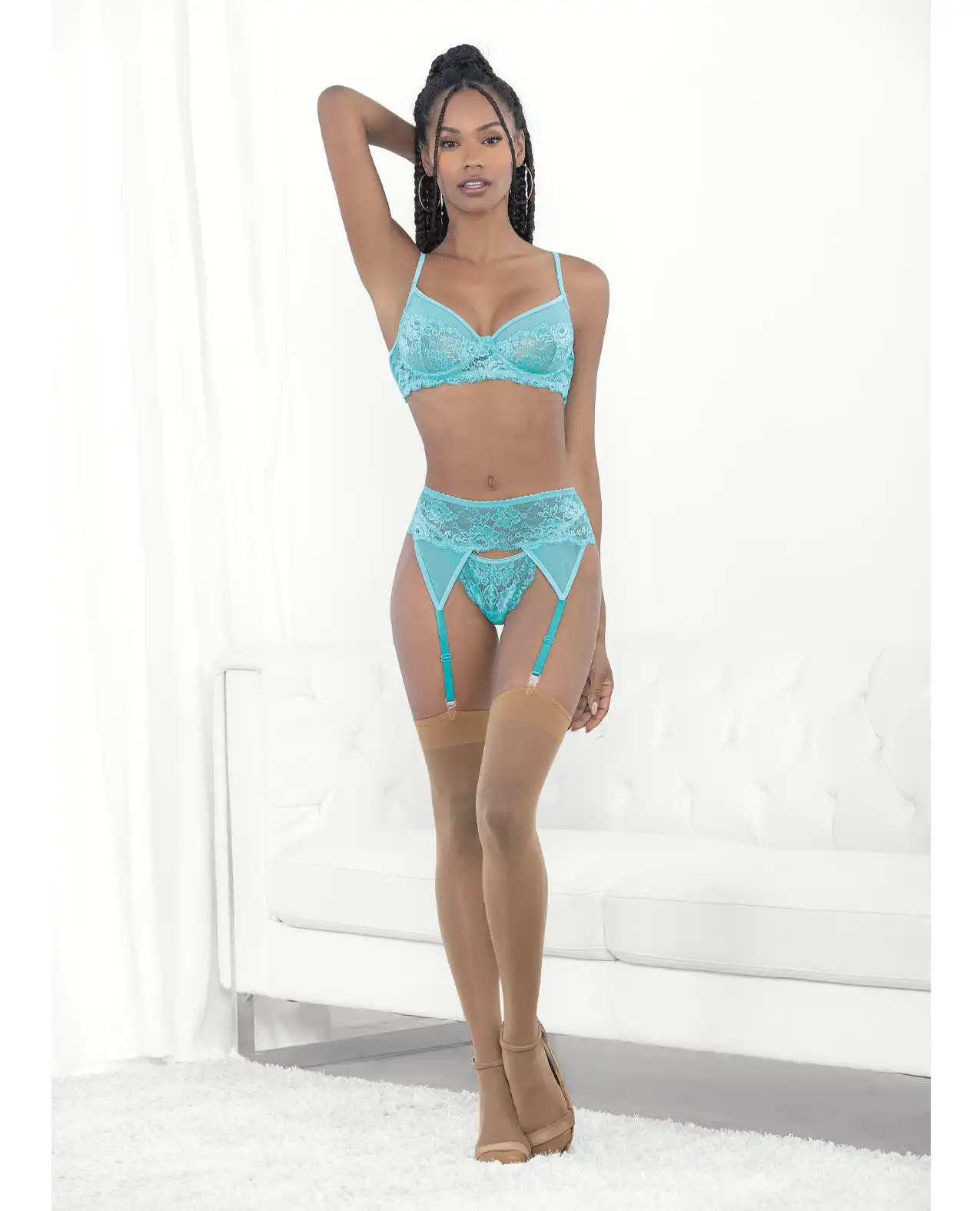 Lace & Mesh Underwire Bra, Garterbelt & G-String Malibu Blue 