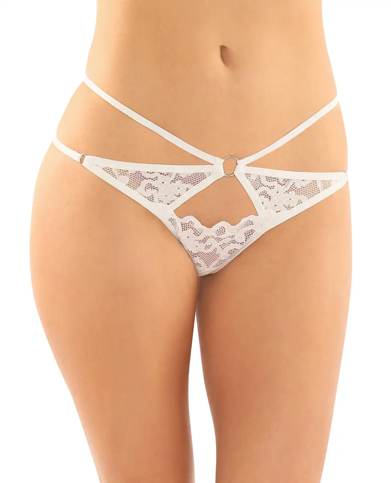 Jasmine Strappy Lace Thong w/Front Keyhole Cut Out White 