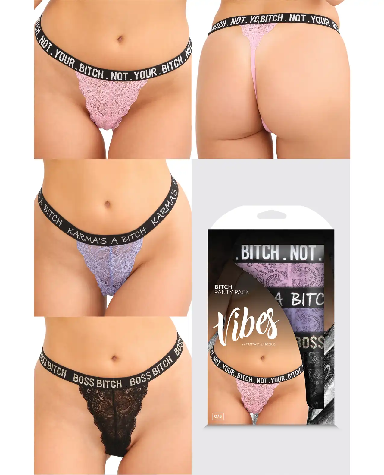 Vibes Bitch 3 Pack Lace Panty Assorted Colors 