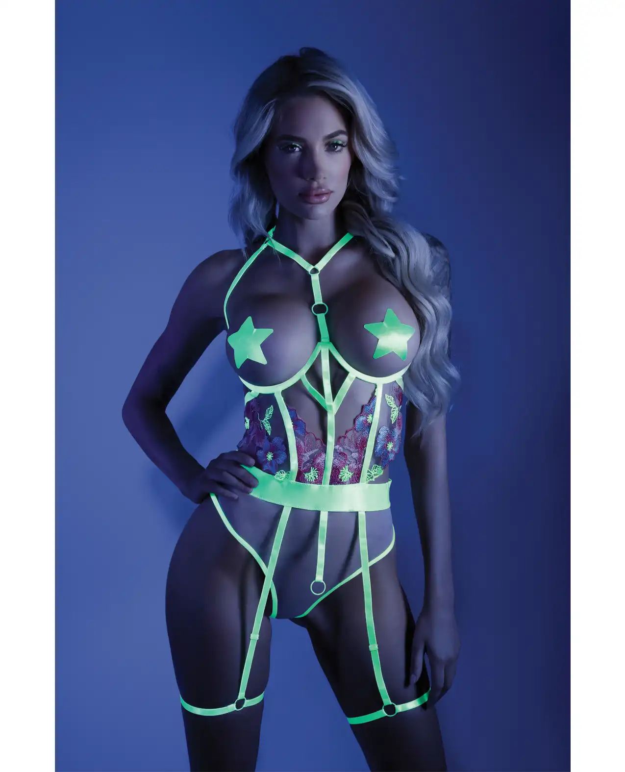 Glow Black Light Embroidered Cupless Garter Teddy (Pasties Not Included) Neon Chartreuse 