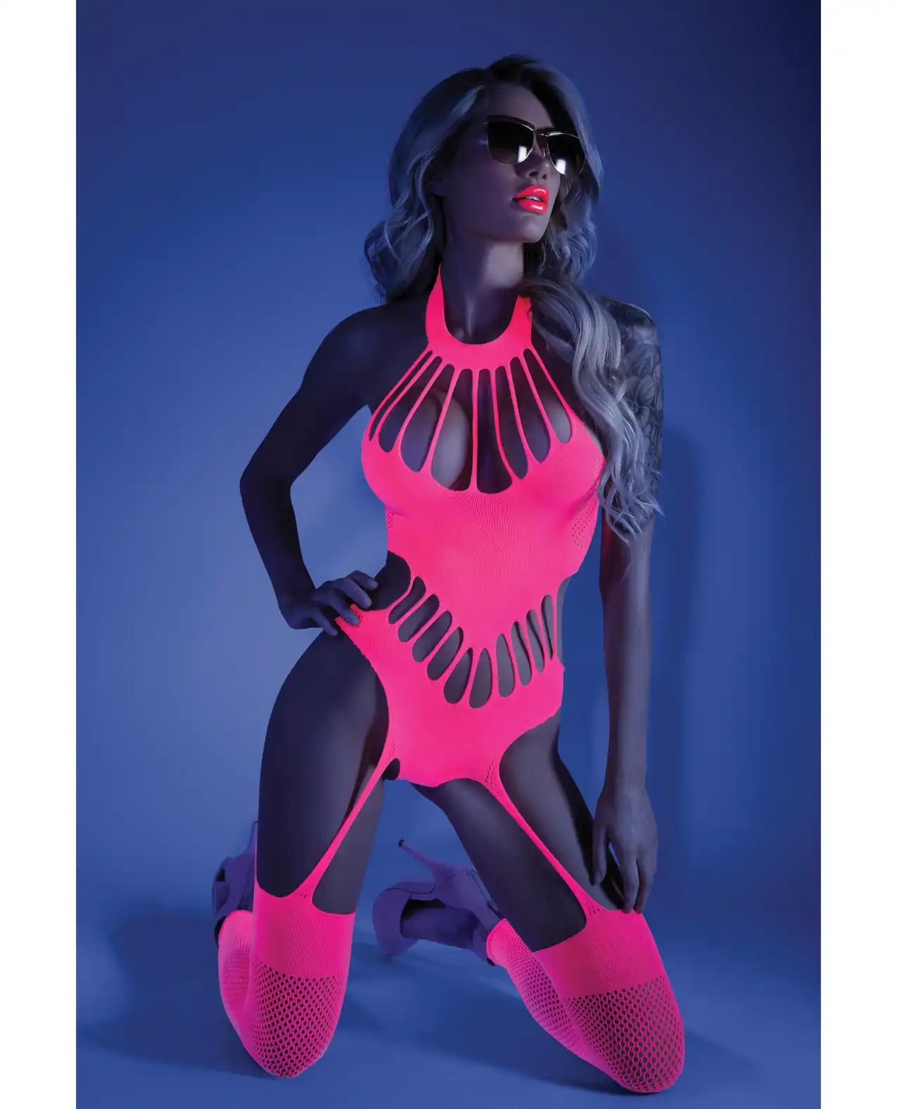 Glow Black Light Footless Teddy Bodystocking Neon Pink 