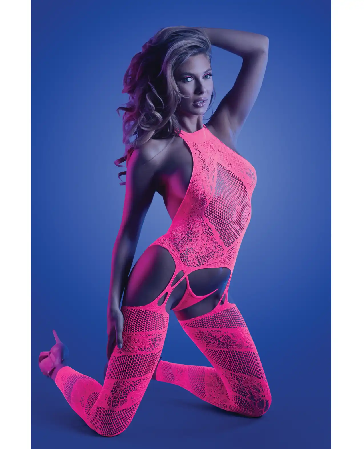 Glow Captivating Halter Bodystocking & G-String Neon Pink 