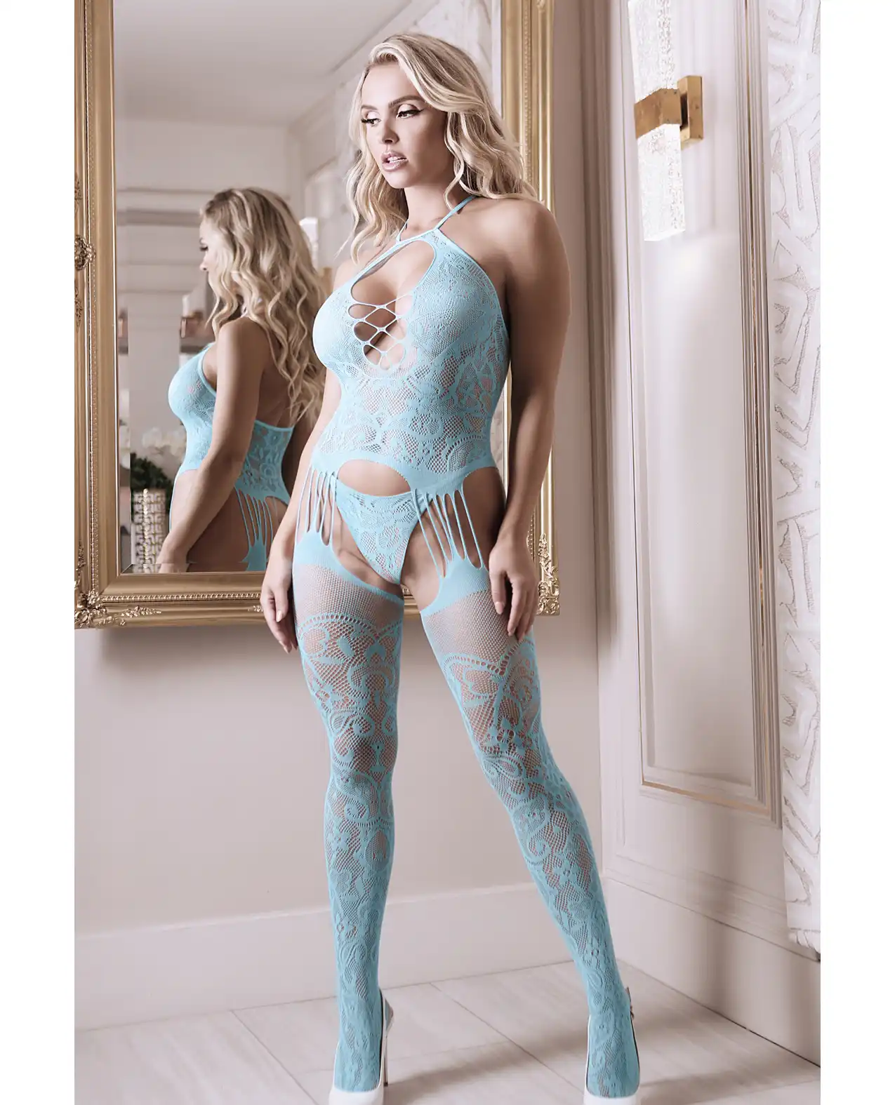 Sheer Fantasy Halter Neck Floral Lace Gartered Bodystocking & Panty Light Blue 