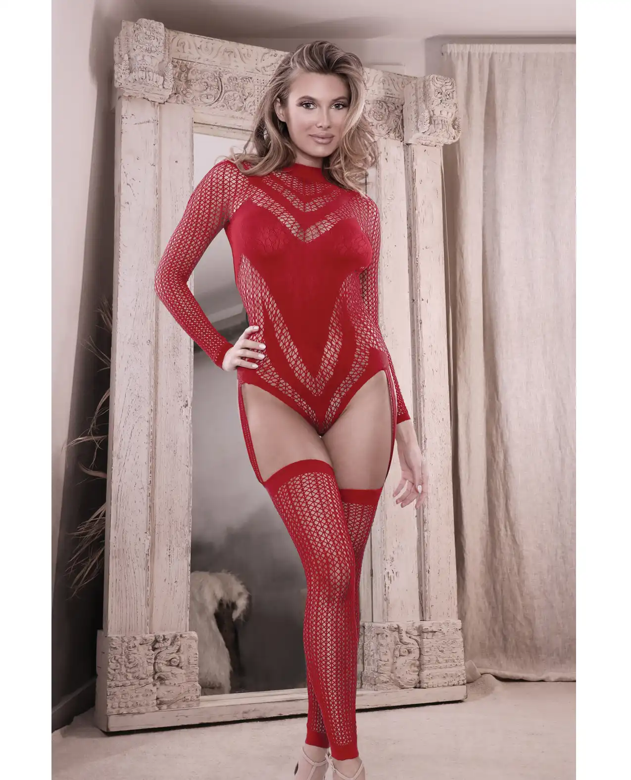 Sheer Infatuation Long Sleeve Teddy w/Attached Footless Stockings Red 