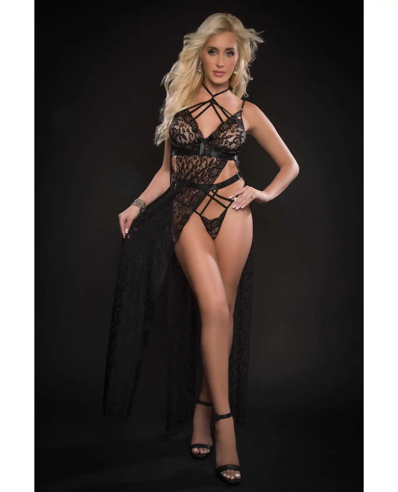 Lace Night Gown w/High Waist Strappy Panty Blackout 