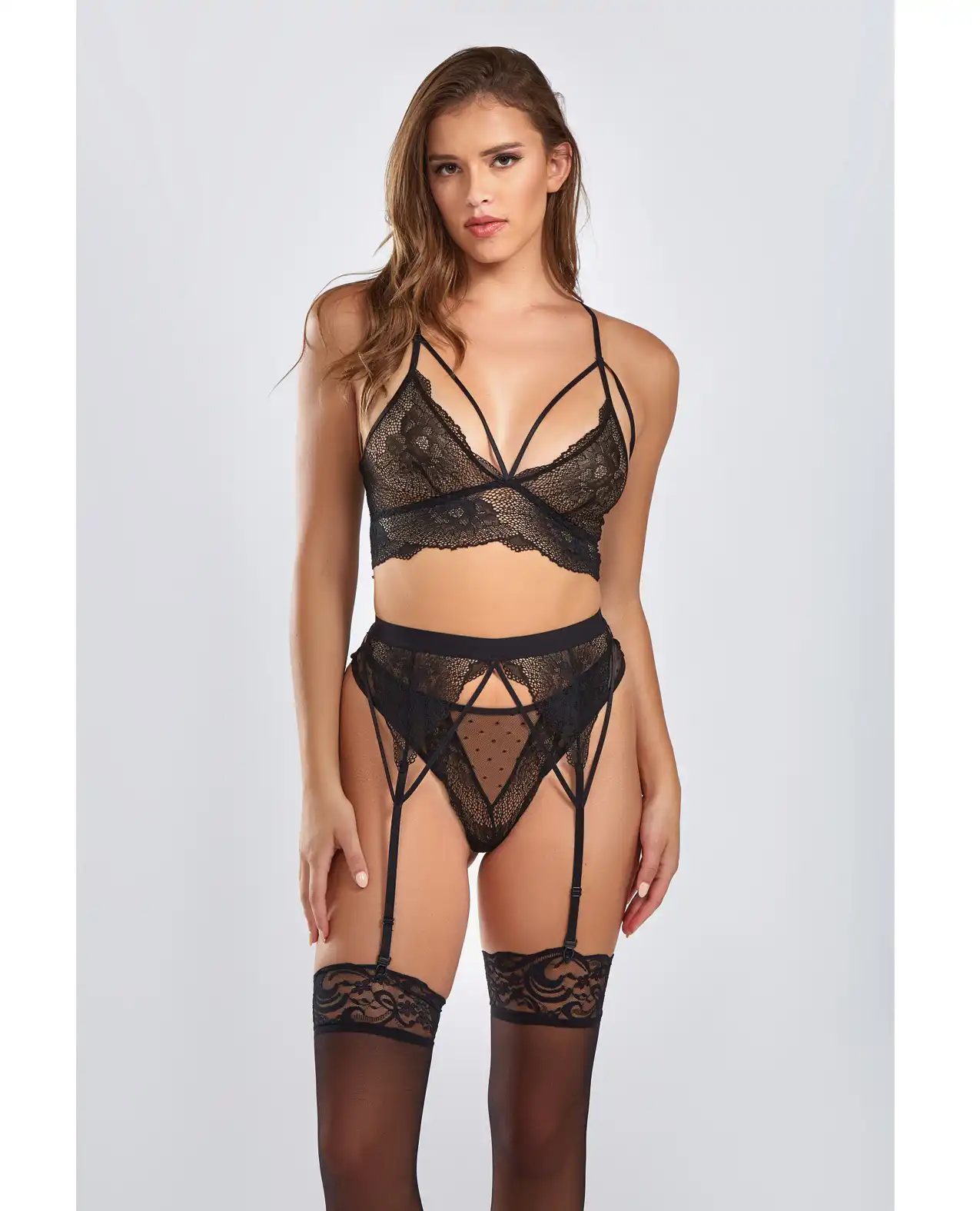 Everly Dot Mesh & Galloon Lace Strappy Bra, Garterbelt & Hipster Panty Black 