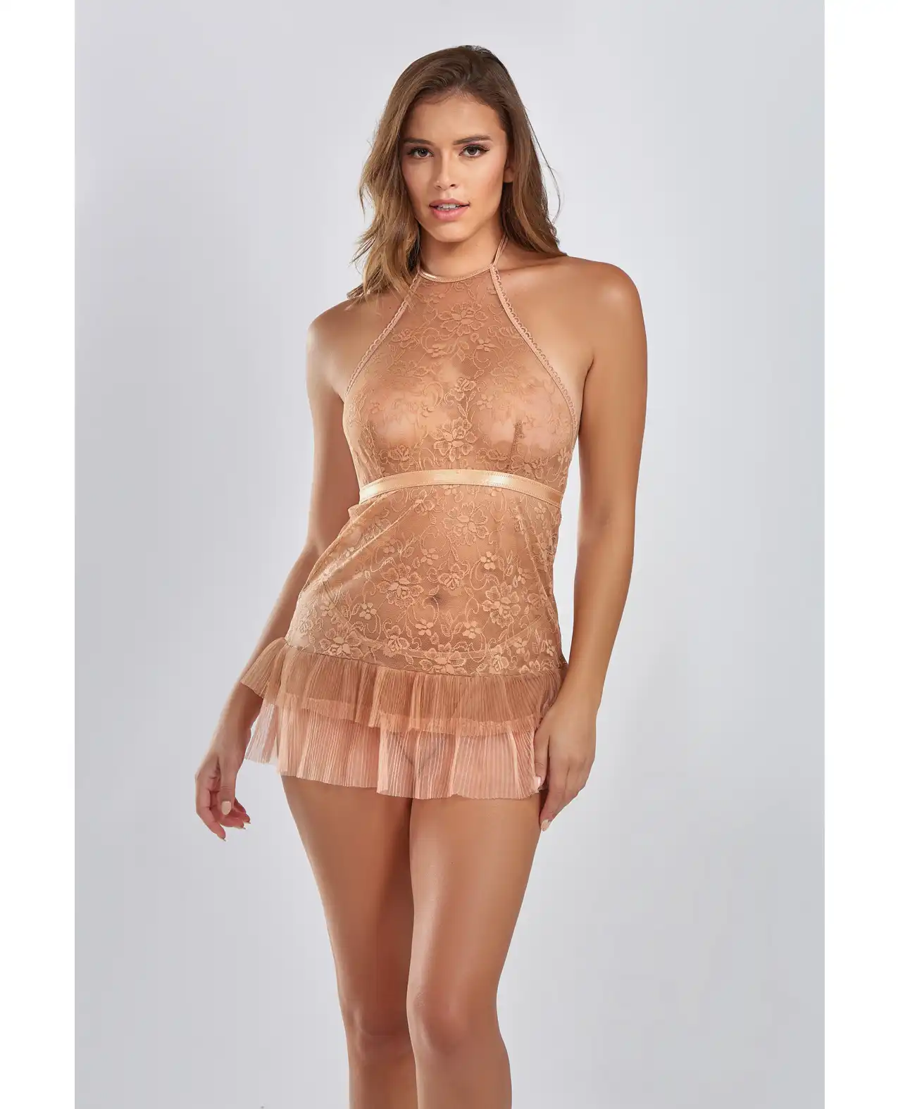 Amber Halter Lace Babydoll w/Tiered Pleated Mesh Skirt Hem & G-String Brown 