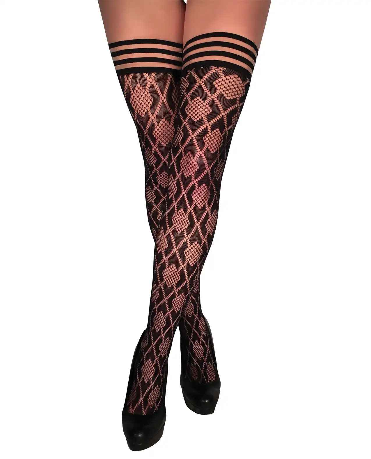 Kix'ies Elle  Fishnet Diamond Thigh High Black 