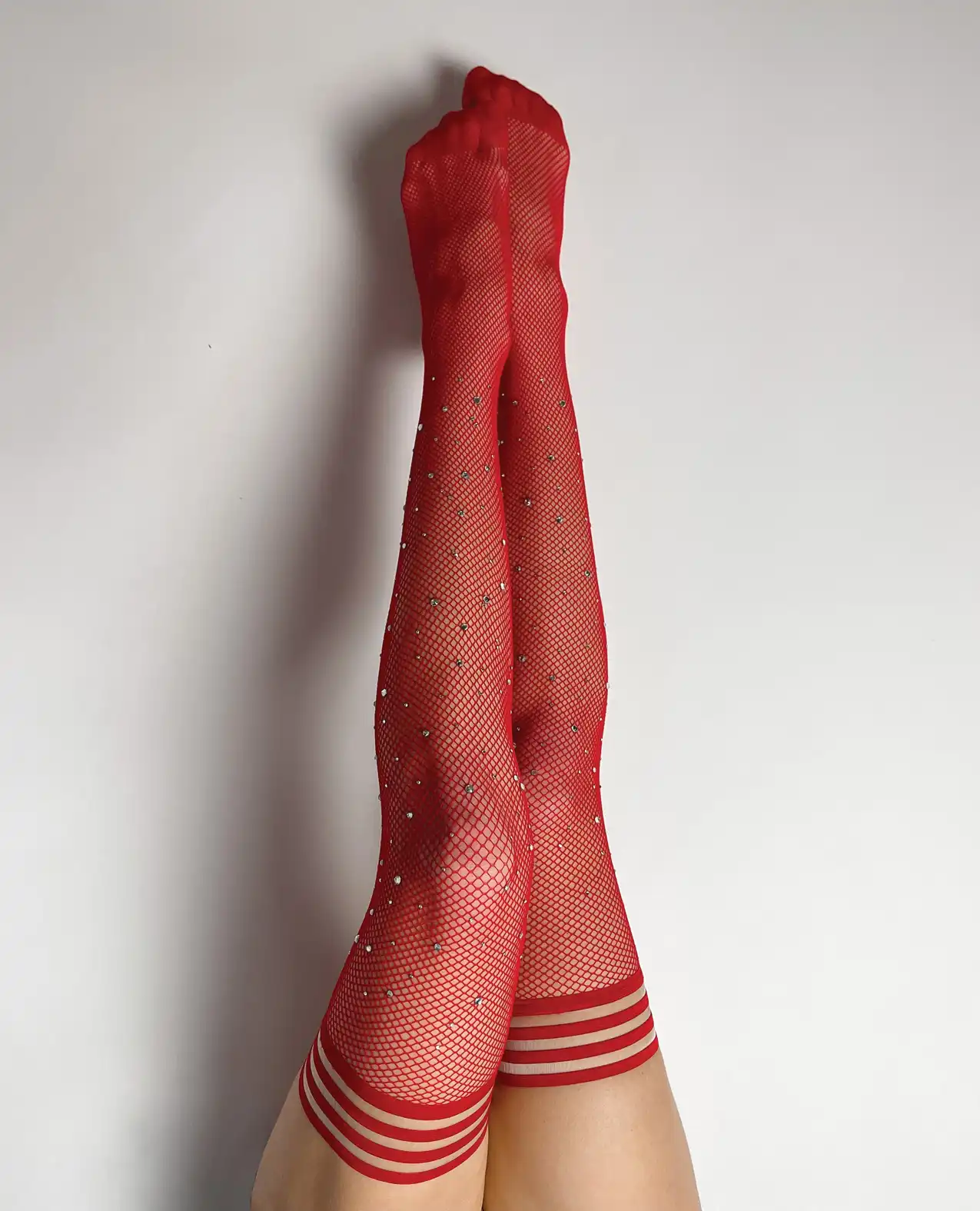 Kix'ies Joely Fishnet Rhinestone Thigh High Red 