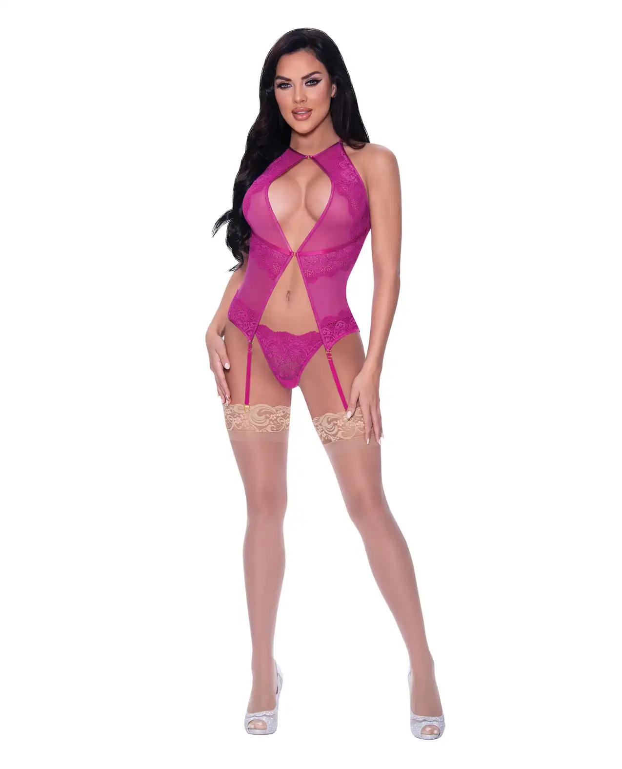 Berrylicious Lace Halter Basque & G-String Pink 