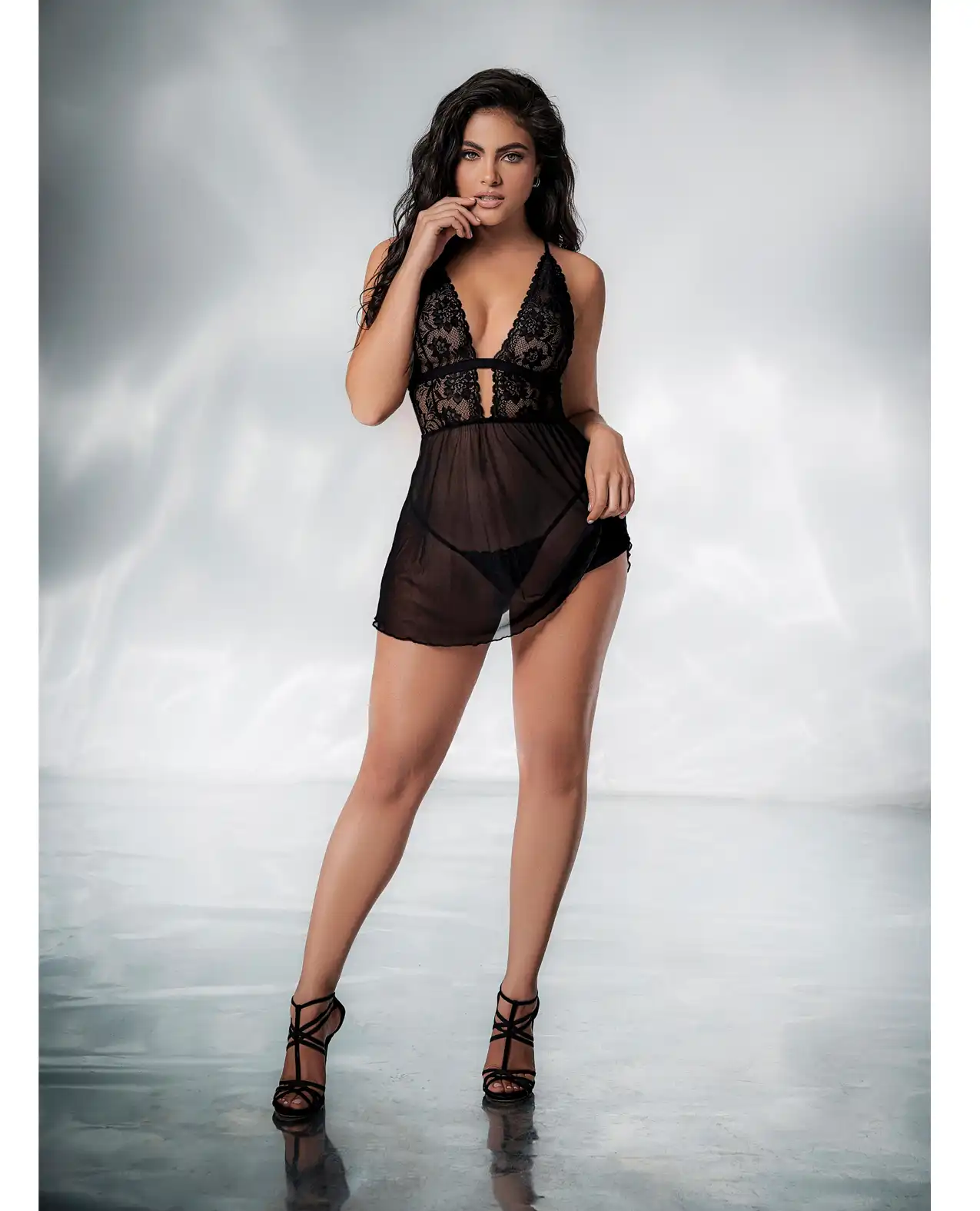 Lace & Mesh Babydoll & G-String Black 