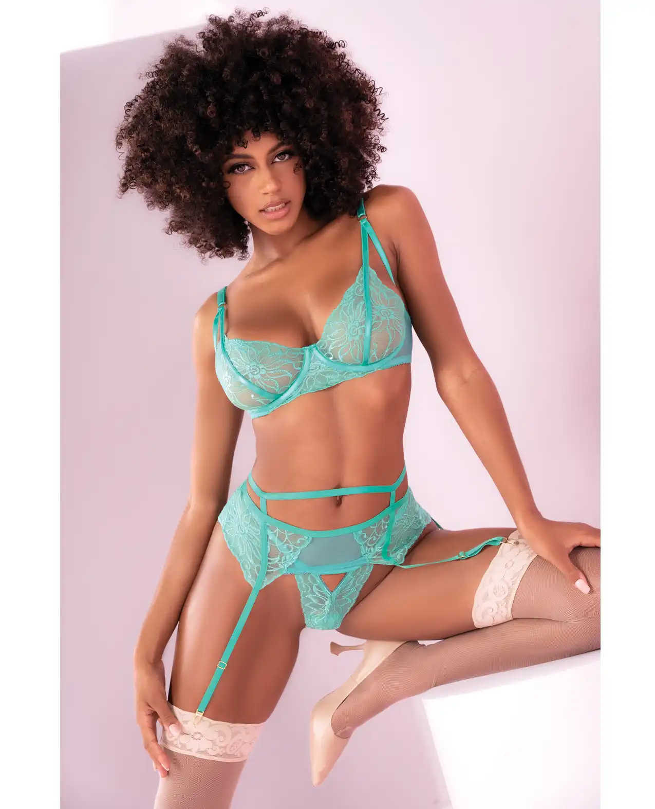 Floral Lace Bra, Garter Belt & Panty Aqua 