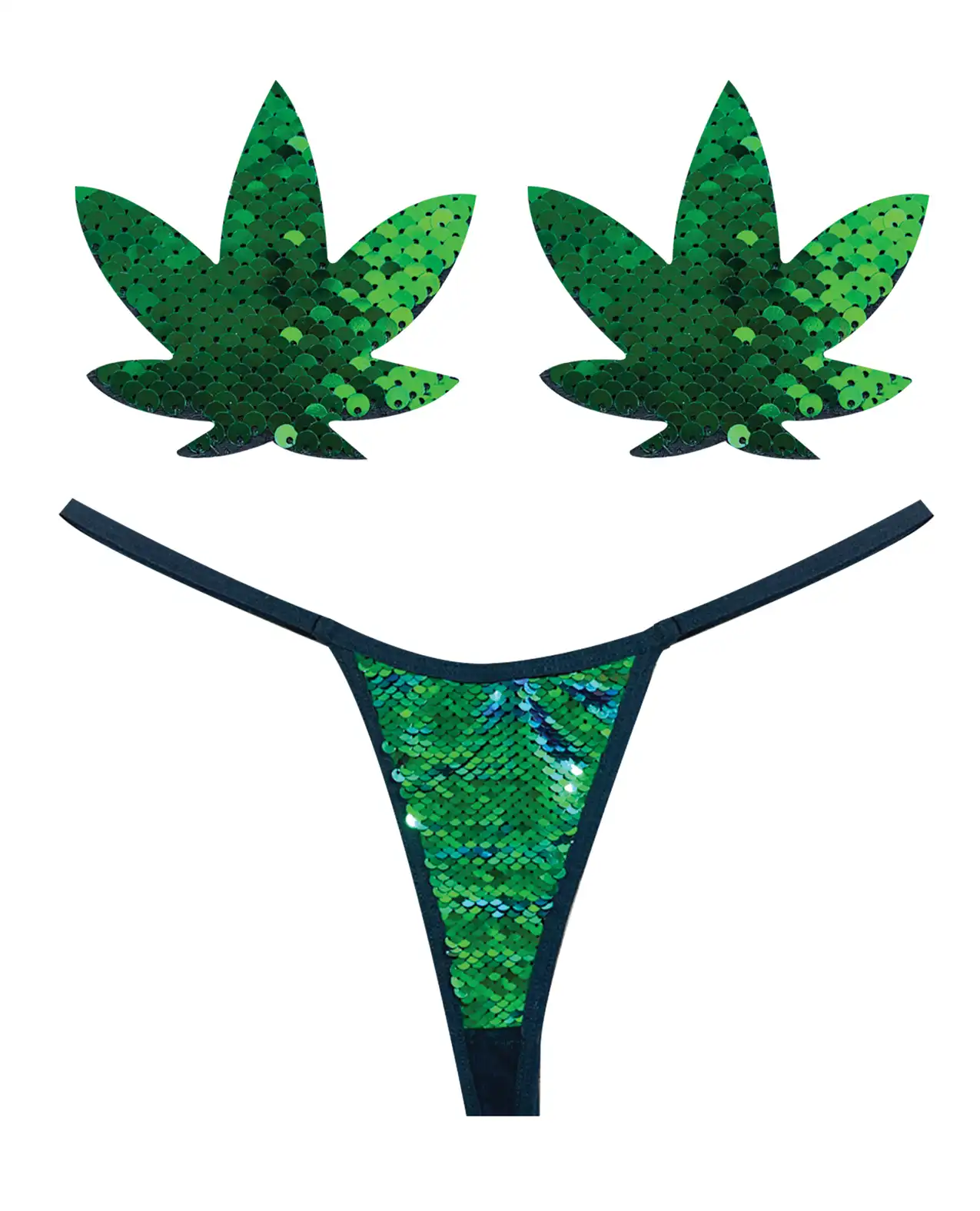 Neva Nude Naughty Knix Weed Leaf Sequin G-String & Pasties - Green  