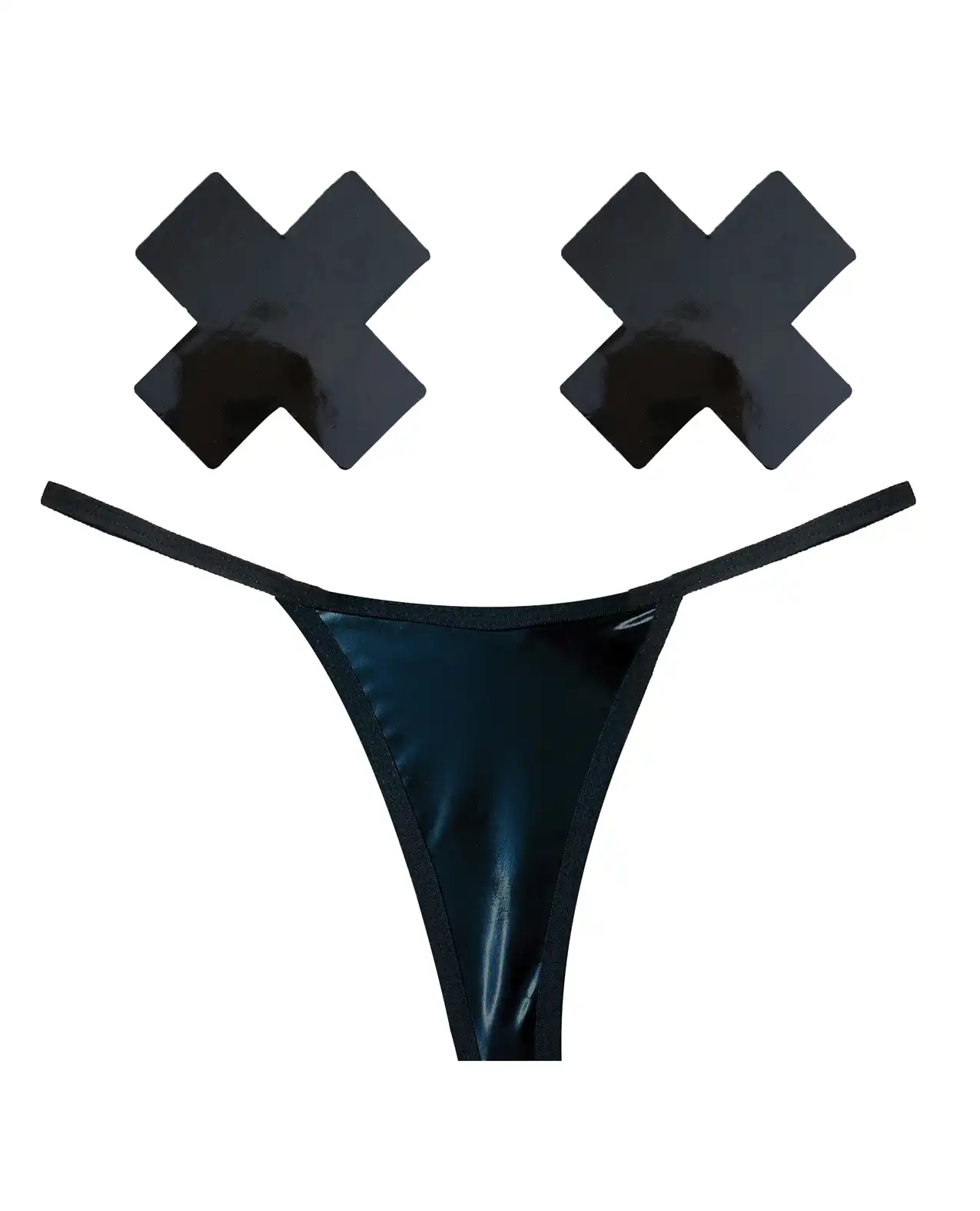 Neva Nude Naughty Knix Dom Squad Wet Vinyl G-String & Pasties - Black 