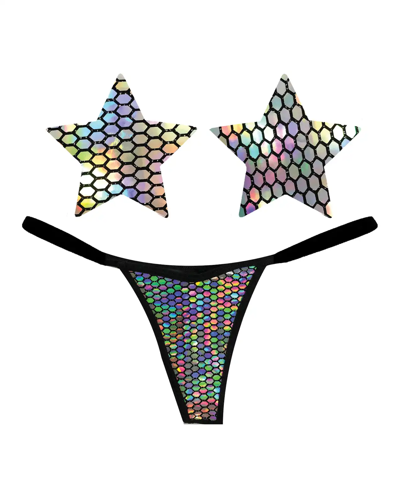 Neva Nude Naughty Knix Mirrored Mayhem Holographic G-String & Pasties - Black 