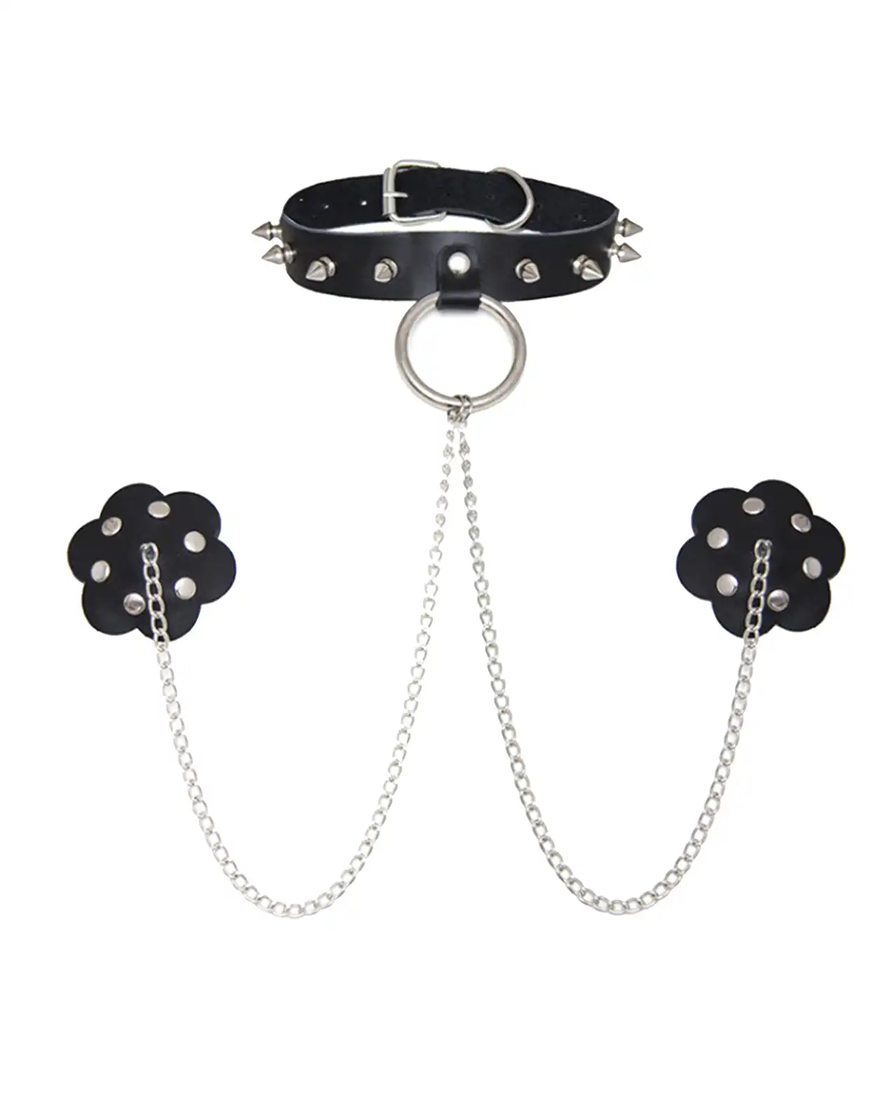 Neva Nude Burlesque Slave 4 U Chain Neck Choker Leather Reusable Silicone Pasties - Black 