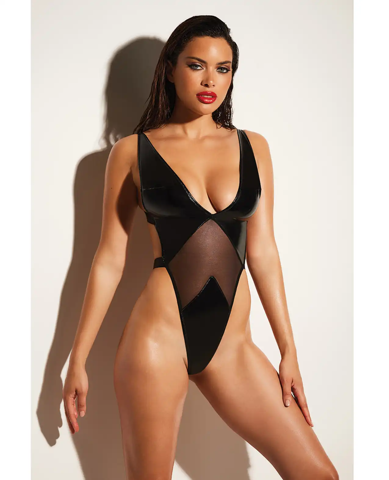 FETISH Limitless Soft Cup High Leg Vinyl & Mesh Teddy Black 