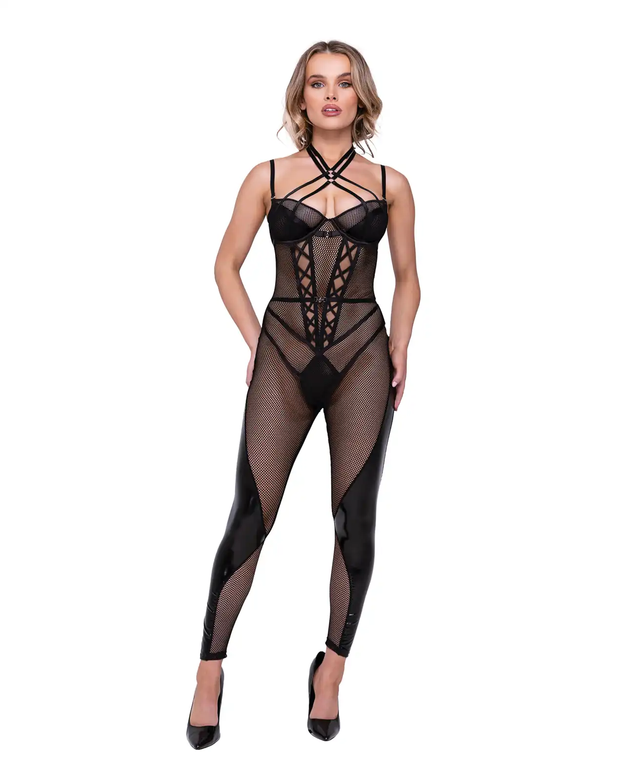 Flirty FETISH Fishnet & Faux Leather Catsuit w/Satin Trim Black 