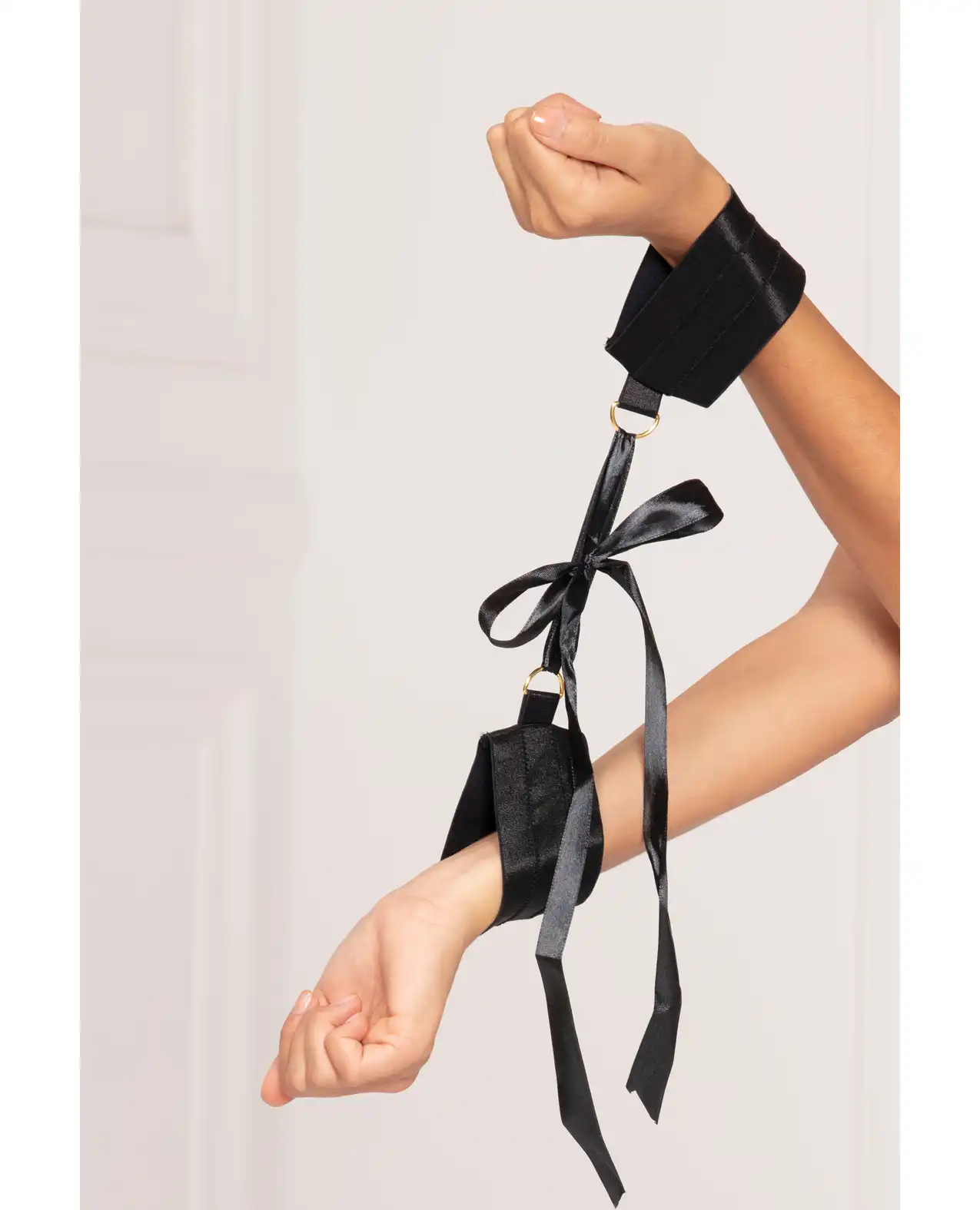 Satin Elastic Cuffs D-Ring & Satin Ribbon Tie Black 