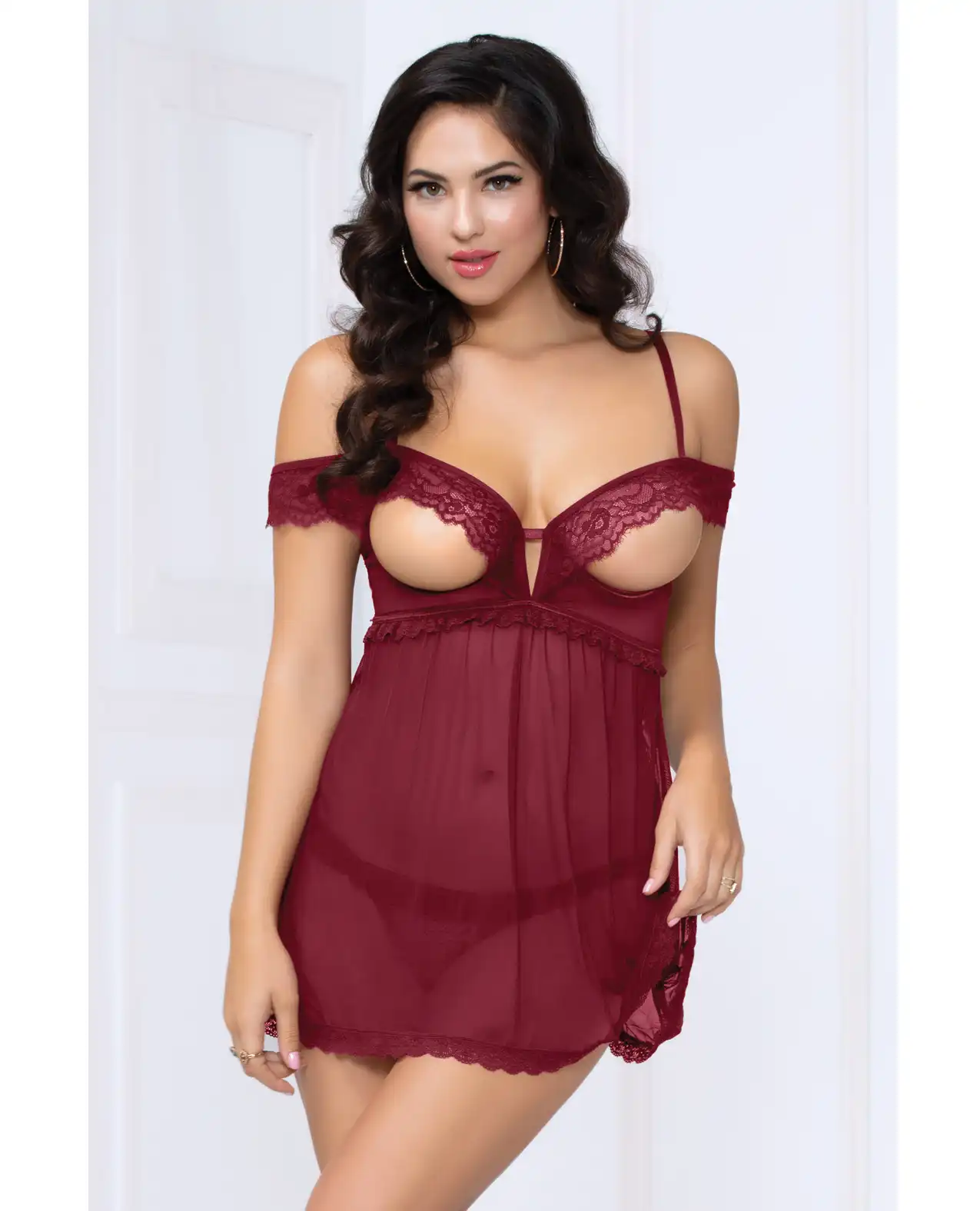 Lace & Mesh Open Cups Babydoll w/Fly Away Back & Panty Wine 