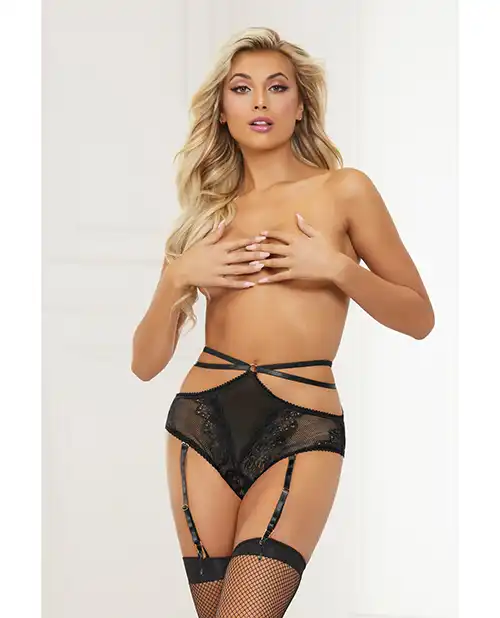 Stretch Lace High Waist Panty w/Double Straps & Garters Black 