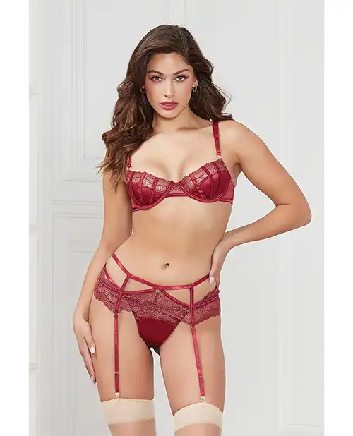 Stretch Satin & Lace Balconette Cup & Garter Panty Wine 