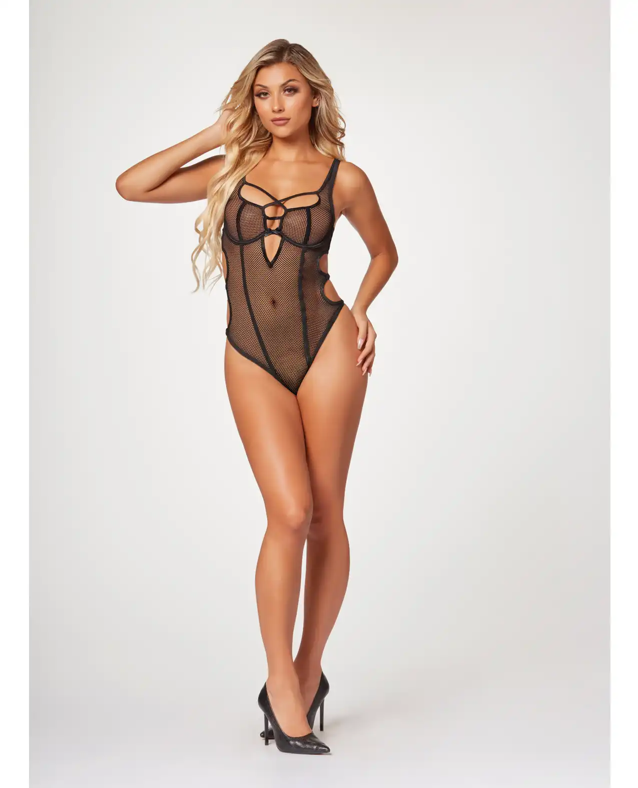 Fishnet Strappy High Cut Leg Teddy Black 