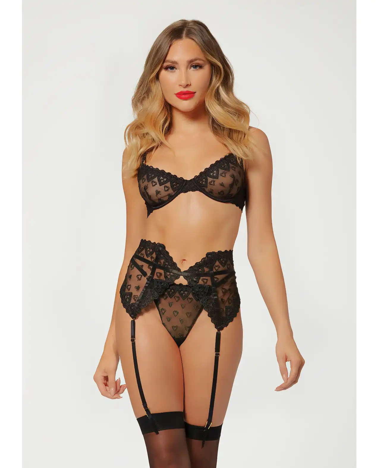 Valentines Heart Embroidered Mesh Bra, Waspie & Panty Black 