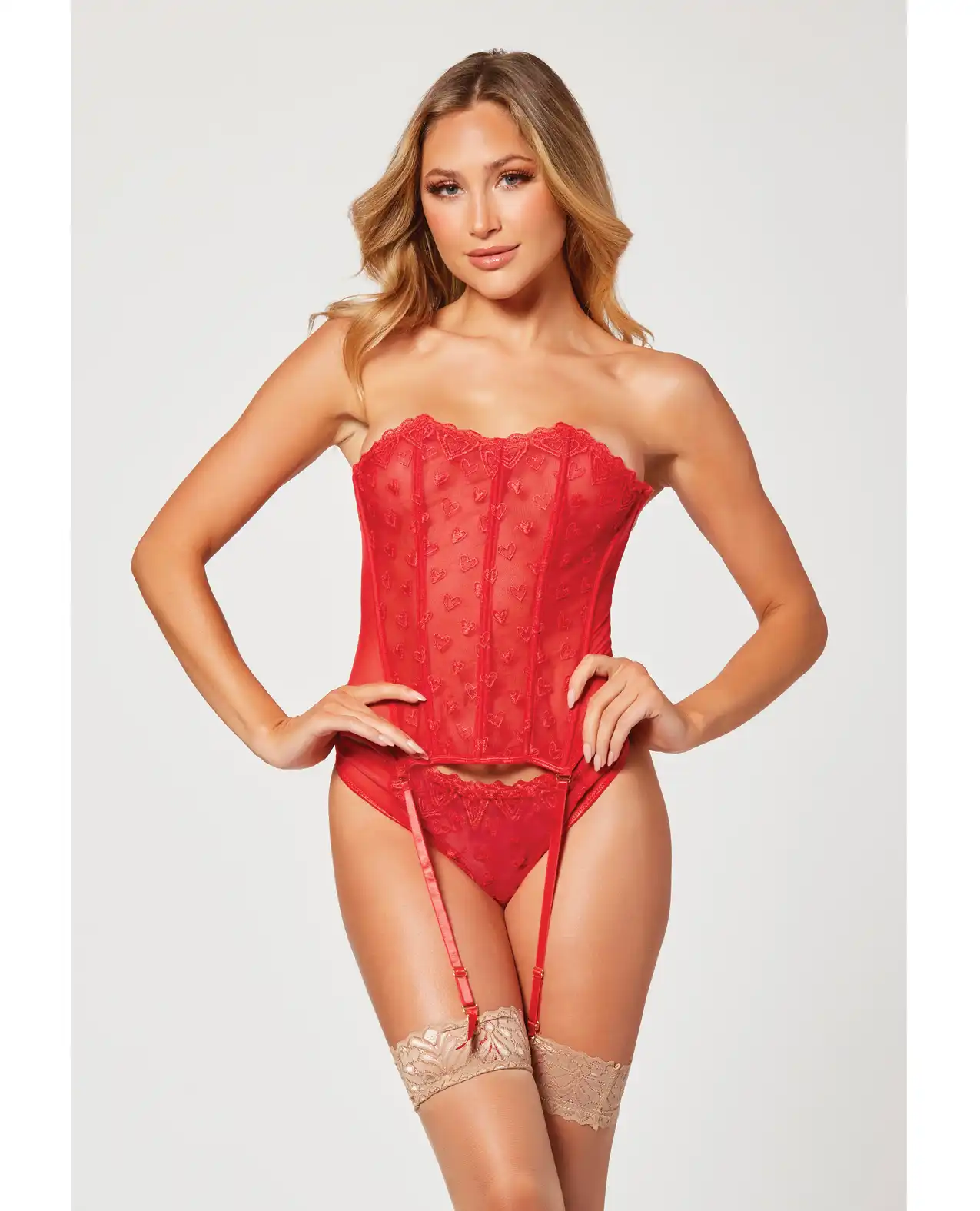 Valentines Heart Embroidered Mesh Bustier & Panty Red 