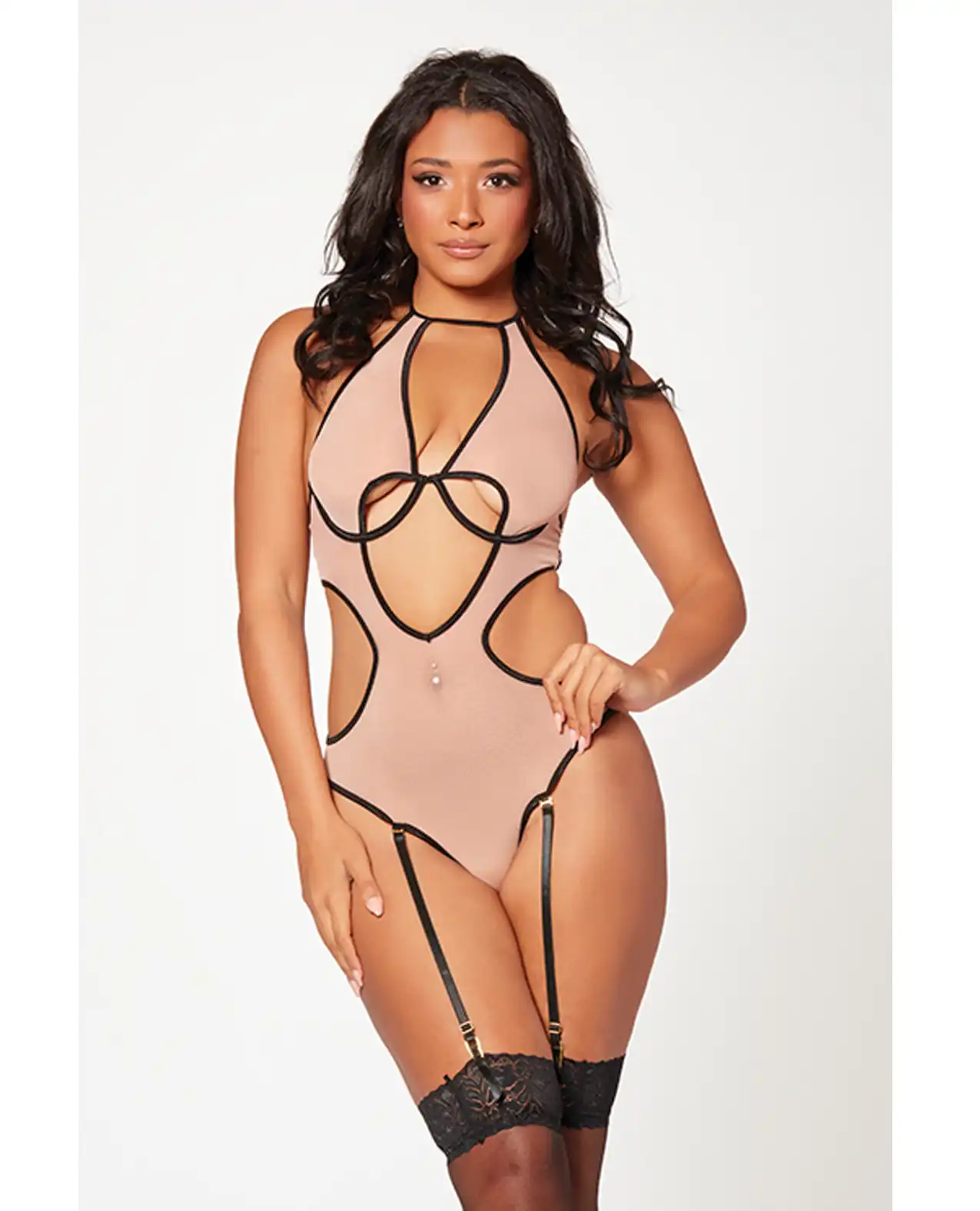 Mesh Cut Out Halter Teddy Nude/Black 